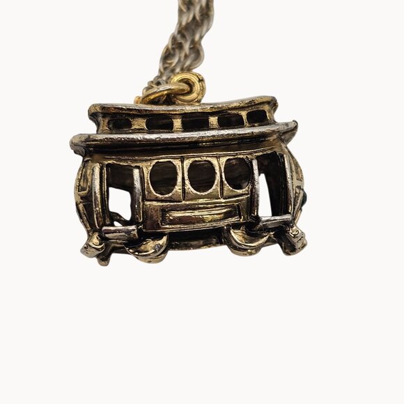 VTG Necklace Brass Tone Trolley Train Box Car Whimsigoth Steampunk Fashion - Picture 13 of 16